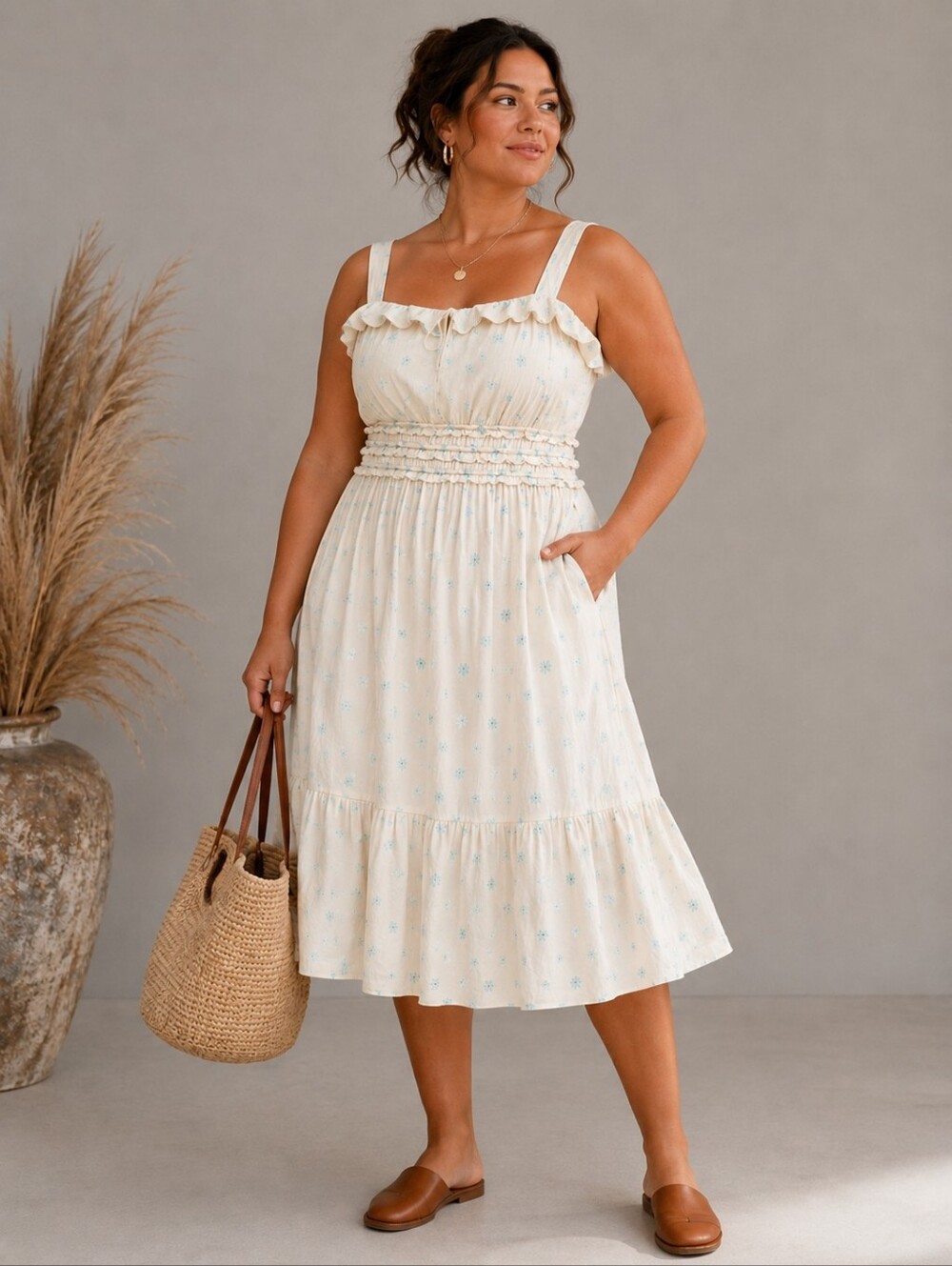 Cream Floral Smocked Midi Dress